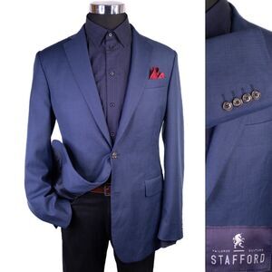 Stafford Classic Travel Sport Coat Blazer Mens Sz 40L Solid Blue Polyester Blend